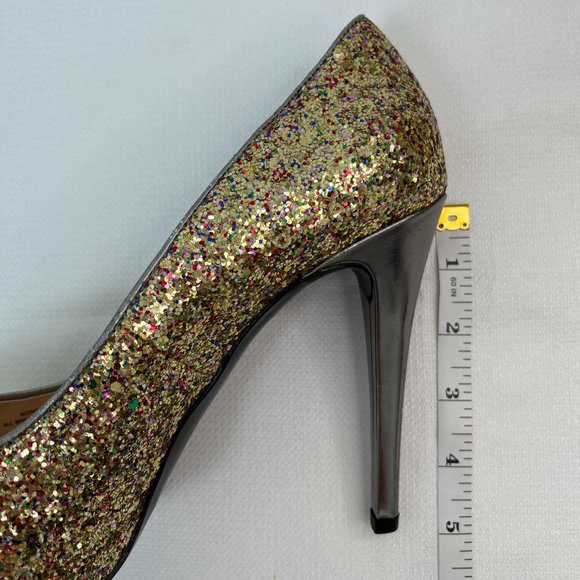 Guess Glitter Multicolor Gold Peep Toe Platform Heels Holiday Women's Size 9M - Picture 8 of 16